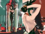  1girl 8-ball absurdres alternate_costume animal_ears arknights arms_behind_head ball bare_shoulders billiard_ball black_gloves black_hair black_horns black_leotard black_pantyhose black_shoes blood blood_in_hair blood_on_back blood_on_gloves bottle breasts cleavage clothing_cutout commentary cup detached_collar earrings fake_animal_ears fake_tail from_behind full_body gandy_(gan3e46) gloves hands_up highres holding holding_plate horns in_bottle in_container ines_(arknights) jewelry large_breasts leotard long_hair looking_at_viewer looking_back multiple_views navel navel_cutout necklace pantyhose plate playboy_bunny rabbit_ears rabbit_tail severed_head shoes sidelocks sleeveless solo strapless strapless_leotard tail thigh_strap tying_hair upper_body yellow_eyes 
