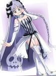  1girl black_eyes bow braid breasts commentary detached_sleeves dress fate/strange_fake fate_(series) francesca_prelati_(fate) garter_straps hair_bow highres long_hair medium_breasts single_braid skirt skull smile solo striped_clothes striped_dress thighhighs twitter_username tyrnickleback very_long_hair white_hair white_thighhighs 