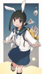  1girl animal_ears bag black_hair cardigan commentary commentary_request dango dessert fake_animal_ears food fubuki_(kancolle) green_eyes highres jacket kantai_collection low_ponytail ma_rukan open_cardigan open_clothes open_mouth outstretched_hand pleated_skirt ponytail rabbit_ears sailor_collar sanbou school_uniform serafuku short_ponytail skirt smile solo spring_onion tsukimi_dango untranslatable_commentary wagashi white_cardigan yellow_bag 