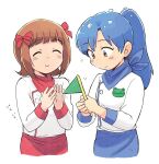  2girls amami_haruka bandana bandana_around_neck blue_bandana blue_hair bow brown_eyes brown_hair clapping closed_eyes closed_mouth commentary_request cropped_torso flag green_flag hair_bow holding holding_flag idolmaster idolmaster_(classic) jacket kisaragi_chihaya long_hair looking_at_object multiple_girls multiple_hair_bows ponytail red_bandana red_bow short_hair simple_background smile tsubobot white_background white_jacket 