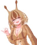  1girl antennae breasts brown_streaks brown_sweater buttons cleavage commentary_request crossed_bangs eyelashes giant_slug_(monster_girl_encyclopedia) heart heart-shaped_pupils highres long_sleeves looking_at_viewer monster_girl_encyclopedia multicolored_hair open_mouth short_hair simple_background slime_(substance) slug_girl solo sora_(sunday_sky) streaked_hair sweater symbol-shaped_pupils white_background 