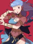  1girl alternate_costume alternate_hairstyle armlet blood blood_on_face blue_hair braid brown_eyes crown_braid dancer dancer_(three_houses) do_m_kaeru dress earrings fire_emblem fire_emblem:_three_houses fire_emblem_heroes injury jewelry long_hair marianne_von_edmund no_panties official_alternate_costume one_eye_closed open_mouth pelvic_curtain red_background scar simple_background sleeveless sleeveless_dress solo torn_clothes torn_dress upper_teeth 