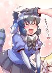  2girls animal_ears black_hair blonde_hair bow bowtie breasts common_raccoon_(kemono_friends) fennec_(kemono_friends) fur_collar gloves grey_hair kemono_friends multicolored_hair multiple_girls open_mouth pantyhose raccoon_ears raccoon_tail short_hair skirt smile tail tukiwani 