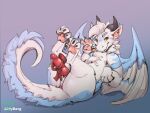 2022 accessory aldy_(aldyderg) anthro anus blue_body blue_feathers blue_fur bodily_fluids dragon erection feathered_wings feathers fur furred_dragon furred_scalie genital_fluids genitals gradient_background horn knot knotted_penis looking_at_viewer lying male male_anthro mintyderg mythological_creature mythological_scalie mythology nude nude_anthro nude_male on_back orange_eyes pawpads penis penis_accessory penis_bow penis_ribbon precum precum_string presenting presenting_penis red_penis ribbons scalie simple_background smile solo tail wave white_body white_feathers white_fur wings yellow_sclera