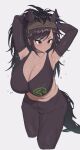  1girl alternate_breast_size animal_ears armpits arms_behind_head arms_up bangs black_hair breasts bridle brown_eyes brown_hair brown_legwear brown_sports_bra brown_thoroughbred_(kemono_friends) cleavage closed_mouth cropped_legs elbow_gloves expressionless extra_ears eyebrows_visible_through_hair gloves highres horse_ears horse_girl horse_tail huge_breasts japan_racing_association kakanashi1 kemono_friends leggings long_hair looking_to_the_side multicolored_hair pantyhose parted_bangs simple_background solo sports_bra sportswear stomach sweat tail tan two-tone_hair white_background 