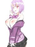  1girl 9rimson black_skirt bow bowtie breasts commentary_request cowboy_shot gridman_universe hand_up jacket jacket_partially_removed large_breasts long_sleeves looking_at_viewer nipples open_mouth pink_eyes purple_bow purple_bowtie purple_hair purple_jacket see-through_clothes see-through_shirt shinjou_akane shirt short_hair simple_background sketch skirt smile solo ssss.gridman tongue tongue_out white_background white_shirt 