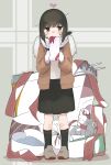  1girl absurdres black_hair black_skirt black_socks blush box brown_cardigan cardigan commentary_request fubuki_(kancolle) full_body gift gift_box green_eyes heart heart-shaped_box highres holding holding_gift kantai_collection kneehighs long_sleeves ma_rukan open_cardigan open_clothes pleated_skirt ponytail rudder_footwear school_uniform serafuku short_hair short_ponytail signature skirt socks solo standing valentine 