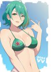  1girl :d \m/ ahoge bare_shoulders bikini blue_background border breasts cleavage collarbone commentary_request copyright_name dead_or_alive dead_or_alive_xtreme green_bikini green_eyes green_hair hair_between_eyes konishiki_(52siki) looking_at_viewer medium_breasts mole mole_under_eye multicolored_hair open_mouth smile solo streaked_hair swimsuit tamaki_(doa) white_border 