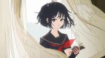  1girl against_window amemori_sayo beads black_eyes black_hair black_sailor_collar black_shirt book choppy_bangs collarbone commentary curtains floating_hair hair_beads hair_ornament highres holding holding_book indoors long_sleeves looking_at_viewer neckerchief nijisanji nkymyura one_side_up open_book parted_lips red_neckerchief sailor_collar school_uniform shirt short_hair solo upper_body virtual_youtuber wind window 