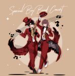  2boys absurdres akechi_goro alto_saxophone amamiya_ren belt black_belt black_bow black_bowtie black_hair black_shoes bow bowtie brown_hair chromatic_aberration coat coattails commentary english_text full_body grey_eyes grin hat hat_belt highres holding holding_instrument holding_trumpet holding_unworn_clothes holding_unworn_hat instrument latteeesalty low_ponytail male_focus mini_hat mini_top_hat multiple_boys musical_note musical_staff open_clothes open_coat pants ponytail red_coat red_eyes red_hat red_pants saxophone shoes short_hair smile standing tailcoat top_hat traditional_bowtie trumpet unworn_hat unworn_headwear vest white_shoes white_vest 