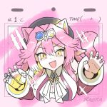  1990s_(style) 1girl animal_ears ascot beret black_hat blue_gem blush breasts claw_pose cleavage coat collared_shirt commentary english_commentary fang gem hair_intakes hat highres hololive hololive_english jewelry large_breasts limited_palette long_hair long_sleeves looking_at_viewer moral_cacoethes multiple_rings open_mouth panther_ears panther_girl panther_tail pink_background pink_coat pink_hair pink_tail raora_panthera raora_panthera_(1st_costume) retro_artstyle ring shirt sleeveless sleeveless_shirt smile solo tail virtual_youtuber white_ascot white_shirt yellow_eyes 