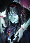  2girls absurdres akemi_homura akemi_homura_(magical_girl) behind_another black_capelet black_hair blank_stare blue_ribbon bow bow_hairband capelet closed_mouth commentary crack cracked_skin dark_background dim_lighting english_commentary expressionless floating floating_object gloves hairband highres kaname_madoka kaname_madoka_(magical_girl) lace long_hair mahou_shoujo_madoka_magica mahou_shoujo_madoka_magica_(anime) multiple_girls neck_ribbon out_of_frame peachyyuri pink_hair purple_eyes red_bow red_hairband ribbon soul_gem surreal white_gloves 