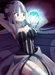  1boy 1girl bed black_eyes black_hair bow braid breasts commentary crystal_ball detached_sleeves dress english_commentary fate/strange_fake fate_(series) francesca_prelati_(fate) fujimaru_ritsuka_(male) garter_straps hair_bow highres long_hair medium_breasts on_bed single_braid skirt smile solo striped_clothes striped_dress thighhighs twitter_username tyrnickleback very_long_hair white_hair white_thighhighs 