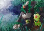 absurdres closed_mouth commentary_request evolutionary_line fog from_below gen_8_pokemon grass grookey hand_up highres huge_filesize looking_up orange_eyes outdoors plant pokemon rain rikuya_(0325shs) rillaboom sitting stick thwackey tree vines 