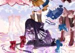  5girls absurdres akemi_homura akemi_homura_(magical_girl) argyle_clothes argyle_thighhighs black_hair black_hairband black_thighhighs blue_boots blue_skirt boots brown_thighhighs bubble_skirt cape capelet colorful commentary covering_face despair dress english_commentary floating_clothes frilled_skirt frills gloves hairband hands_on_own_face head_down high_heels highres holding_hands kaname_madoka kaname_madoka_(magical_girl) knee_up kneehighs layered_sleeves liquid long_hair long_sleeves magical_girl mahou_shoujo_madoka_magica mahou_shoujo_madoka_magica_(anime) miki_sayaka miki_sayaka_(magical_girl) multiple_girls out_of_frame peachyyuri petticoat pink_dress pleated_skirt purple_capelet purple_skirt red_boots red_shoes red_skirt sakura_kyoko sakura_kyoko_(magical_girl) shirt shoes sitting skirt skirt_under_dress socks standing standing_on_liquid striped_clothes striped_thighhighs thighhighs tomoe_mami tomoe_mami_(magical_girl) vertical-striped_clothes vertical-striped_thighhighs wariza white_cape white_gloves white_socks white_thighhighs yellow_shirt zettai_ryouiki 