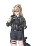  1girl absurdres alter_kamerade ammunition_pouch arm_up assault_rifle belt black_belt black_gloves black_shorts blonde_hair breasts bulletproof_vest camouflage camouflage_shirt closed_mouth commentary_request feet_out_of_frame gloves gun headphones highres holding holding_gun holding_weapon holster holstered long_hair looking_at_viewer military military_combat_uniform military_uniform original ponytail pouch red_eyes rifle shirt shorts simple_background sleeves_rolled_up solo standing tactical_clothes thigh_holster vest_pouch weapon weapon_request white_background 