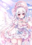  1girl blush bonnet bow breasts cleavage commentary_request dress frilled_bonnet frilled_wrist_cuffs frills hair_between_eyes large_breasts long_hair looking_at_viewer mitsuba_choco original pink_bow pink_eyes pink_ribbon red_eyes ribbon short_sleeves single_thighhigh solo thighhighs very_long_hair white_bonnet white_dress white_hair white_thighhighs white_wings white_wrist_cuffs wings wrist_cuffs 