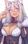  1girl animal_ears blue_eyes breasts cho_kaguya-hime! chuken_otako cleavage commentary dark-skinned_female dark_skin dog_ears fur_trim grey_hair hair_between_eyes hairband highres large_breasts long_hair looking_at_viewer open_mouth salute sher_(imnotsher) smile solo three-finger_salute upper_body white_background 