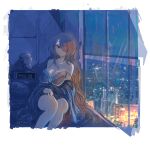  1girl alarm_clock breasts brown_hair captain_(honkai_impact) character_doll city city_lights cityscape cleavage clock closed_mouth commentary doll english_commentary hair_over_one_eye highres honkai_(series) honkai_impact_3rd large_breasts lingerie long_hair night purple_eyes rita_rossweisse solo underwear very_long_hair window zilvercross 