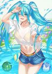  1girl ;d ball bangs beachball bead_bracelet beads bikini bikini_under_clothes blue_eyes blue_hair blush bracelet breasts collarbone commentary cowboy_shot day denim denim_shorts eyebrows_visible_through_hair flower food fruit groin hair_between_eyes hair_ribbon halterneck hand_up hatsune_miku highres holding holding_hose hose hydrangea inue_ao jewelry long_hair looking_at_viewer lower_teeth lowleg lowleg_shorts medium_breasts navel one_eye_closed open_mouth ribbon see-through see-through_shirt shirt short_shorts short_sleeves shorts sidelocks smile solo sparkle spraying standing string_bikini swimsuit t-shirt tied_shirt twintails very_long_hair vocaloid wading wading_pool water watermelon white_ribbon white_shirt yellow_bikini 