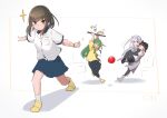  4girls ankle_socks arms_up ball black_bodysuit black_hairband black_leggings black_pants black_shoes blue_skirt blush blush_stickers bodysuit boots border bowling_ball brown_hair carrying carrying_person collared_shirt commentary_request crescent crescent_hair_ornament determined dodging dress_shirt fubuki_(kancolle) fubuki_(round1)_(kancolle) fubuki_kai_ni_(kancolle) full_body fuyutsuki_(kancolle) green_eyes green_hair grey_boots grey_hair hair_ornament hair_tie_on_wrist hairband hands_up hatsuzuki_(kancolle) highres holding holding_tray kantai_collection leggings looking_at_viewer ma_rukan medium_hair multiple_girls nagatsuki_(kancolle) official_alternate_costume open_mouth outside_border pants playing_sports pleated_skirt princess_carry running shirt shoes short_sleeves side_ponytail sidelocks simple_background skirt sneakers socks sparkle surprised sweat tray white_background white_hairband white_shirt white_socks yellow_border yellow_shirt yellow_shoes 
