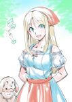  1girl :d apron blonde_hair blue_dress blue_eyes breasts collarbone dog dragon_quest dragon_quest_xi dress emma_(dq11) head_scarf long_hair looking_at_viewer open_mouth puffy_short_sleeves puffy_sleeves short_sleeves smile straight_hair tukiwani 