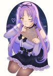  1girl bare_shoulders claw_pose curtained_hair drawn_ears drawn_whiskers dress eiyuu_densetsu english_commentary fishnet_pantyhose fishnets heart highres kuro_no_kiseki_(series) long_hair looking_at_viewer meliaphie off-shoulder_dress off_shoulder one_eye_closed pantyhose parted_bangs purple_hair renne_(eiyuu_densetsu) smile solo two_side_up upper_body yellow_eyes 