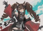  1girl :d angelina_(arknights) animal_ear_fluff animal_ears arknights arknights:_endfield artist_name bare_shoulders black_gloves bracelet brown_hair cloud cloudy_sky coat day diamond-shaped_pupils diamond_(shape) dot_nose dress fox_ears fox_girl fox_tail gilberta_(arknights) gloves grey_dress grey_thighhighs headgear hedera high_collar highres infection_monitor_(arknights) jewelry leaning_back long_hair long_sleeves looking_at_viewer off_shoulder open_clothes open_coat ors_anime_renders outdoors red_coat short_dress sky smile solo symbol-shaped_pupils tail teeth thighhighs twi twintails upper_teeth_only very_long_hair waving wide_sleeves zettai_ryouiki 