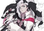  1boy bangs black_hair commentary_request cropped_jacket eyeshadow gen_8_pokemon gloves green_eyes grey_eyeshadow gym_leader hand_up highres holding holding_microphone jacket long_hair looking_at_viewer makeup male_focus microphone mimizuku_(mmiganaru) multicolored_hair obstagoon pale_skin parted_lips piers_(pokemon) pokemon pokemon_(creature) pokemon_(game) pokemon_swsh shirt two-tone_hair upper_body white_hair white_jacket 