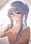  1girl absurdres bespectacled blue_eyes blue_hair brown_dress closed_mouth collarbone commentary_request cup dress earrings glasses gotland_(kancolle) hair_between_eyes highres jewelry kantai_collection long_hair long_sleeves ma_rukan signature smile solo upper_body 