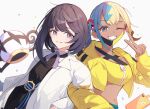  2girls aqua_hair bandeau belt black_dress black_hair black_mask blonde_hair blue_eyes blunt_bangs blush bob_cut breasts canari_(pokemon) closed_mouth coat commentary_request criss-cross_straps dark-skinned_female dark_skin dress gwynn_(pokemon) hat highres jacket locked_arms long_sleeves looking_at_viewer mask mask_pull mega_stone mouth_mask multicolored_hair multiple_girls navel nii_(marimo_416) o-ring o-ring_belt one_eye_closed open_clothes open_coat open_mouth pokemon pokemon_legends:_z-a purple_eyes purple_hair revision rotom rotom_phone short_hair short_twintails smile split-color_clothes split-color_hair sports_bra teeth twintails two-tone_hair two-tone_mask unworn_hat unworn_headwear v white_coat yellow_bandeau yellow_jacket yellow_mask yellow_sports_bra 
