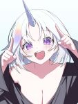  1girl :d absurdres ayatsuno_yuni black_shirt breasts choppy_bangs cleavage commentary_request dot_nose grey_hair hands_up highres horns index_fingers_raised korean_commentary large_breasts long_sleeves looking_at_viewer low_neckline medium_hair off-shoulder_shirt off_shoulder open_mouth purple_eyes shirt simple_background single_horn smile solo stellive unicorn_horn virtual_youtuber wabtteong white_background wide_sleeves 