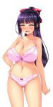  1girl ass_visible_through_thighs black_hair blunt_bangs blush bow bow_bra bow_panties bra breasts cleavage collarbone cowboy_shot drooling game_cg hair_bow half-closed_eyes hand_on_own_hip high_ponytail huge_breasts kisaragi_nozomi lace lace-trimmed_bra lace-trimmed_panties lace_trim large_variant_set long_hair looking_at_viewer mole mole_under_mouth navel non-web_source nose_blush official_art open_mouth panties pink_bra pink_panties ponytail purple_eyes purple_hair ribbon satou_kuuki self-datamine shinsou_seiki_elementia sidelocks simple_background smile solo standing tachi-e torogao transparent_background underwear underwear_only variant_set 