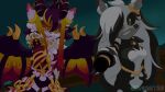 amber_eyes android anthro arm_cannon black_body breasts chain duo featureless_breasts female furred_wings gatling_gun gold_(metal) gold_chain golden_markings green_eyes grin gun gun_arm hair horn long_hair machine machine_gun markings minigun mostly_nude mostly_nude_anthro multicolored_body multicolored_hair neck_tuft nude nude_anthro pointy_ears purple_hair purple_markings ranged_weapon robot silvaze126 smile thetis_(bonjolasermaster) tuft two_tone_body two_tone_hair unknown_species velatis_ferio_caedo weapon white_body white_hair wings
