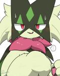 2026 ambiguous_anthro ambiguous_gender anthro bodily_fluids bust_portrait cheek_tuft claws colored digital_media_(artwork) ellipsis facial_tuft felid feline finger_claws fluffy frill_(anatomy) fur generation_9_pokemon green_body green_fur handpaw hi_res kemono looking_at_viewer mammal mask meowscarada monotone_body monotone_fur neck_frill nintendo pawpads paws pink_pawpads pokemon pokemon_(species) portrait pupils red_eyes shaded simple_background simple_shading slit_pupils smile solo speech_bubble sweat sweatdrop tontaro tuft watermark white_background