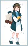  1girl absurdres adapted_costume alternate_costume beret black_hair black_mittens blue_shawl blue_shirt brown_eyes commentary_request fubuki_(kancolle) fubuki_(kure)_(kancolle) full_body hat highres kantai_collection layered_sleeves long_sleeves low_ponytail ma_rukan medium_hair mittens ponytail rigging shawl shirt short_over_long_sleeves short_sleeves sidelocks skirt solo white_hat white_skirt 