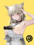  1girl absurdres animal_ears areola_slip arknights arknights:_endfield armpits bird_ears bird_girl black_gloves blonde_hair blue_eyes clothes_pull commentary_request dress dress_pull extra_ears gloves highres hot long_hair looking_at_viewer perlica_(arknights) simple_background single_glove solo sweat upper_body white_dress yellow_background yomesuket 