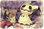  black_eyes border character_doll commentary_request doll drawn_eyes full_body highres looking_at_object metikyun mimikyu no_humans pikachu poke_ball pokemon pokemon_(creature) pokemon_focus purple_background simple_background solo standing torn_stuffed_toy yellow_border 