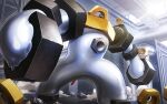  cable commentary_request dust evolutionary_line indoors industrial_pipe melmetal meltan metal_skin no_humans nut_(hardware) on_shoulder one-eyed pokemon pokemon_(creature) pokemon_focus pokemon_on_arm pokemon_on_shoulder pokemon_tcg saito_emu 