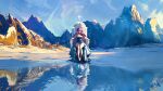  1girl absurdres alternate_costume animal_ears blue_dress breasts commentary dress english_commentary expressionless floral_print highres hololive hololive_english large_breasts long_hair looking_at_viewer mountain mountainous_horizon multicolored_hair neozirith on_throne outdoors panther_ears panther_girl panther_tail pink_hair raora_panthera reflection ripples sidelighting signature sitting snow solo straight-on streaked_hair tail thighs throne virtual_youtuber water white_streaks wide_hips yellow_eyes 