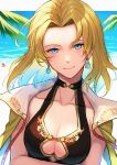  1girl bangs beach blonde_hair blue_eyes blue_hair breasts cleavage closed_mouth earrings fire_emblem fire_emblem:_the_sacred_stones fire_emblem_heroes gradient_hair hair_intakes highres jewelry looking_at_viewer medium_breasts multicolored_hair nakabayashi_zun ocean parted_bangs selena_(fire_emblem:_the_sacred_stones) short_hair smile solo swimsuit swimsuit_under_clothes 