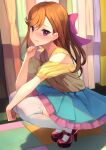 1girl bare_shoulders blue_skirt blush bow closed_mouth commentary cowengium frilled_skirt frills hair_bow hand_on_own_chin hand_up high_heels highres long_hair looking_at_viewer love_live! love_live!_superstar!! off-shoulder_shirt off_shoulder orange_hair pink_bow purple_eyes red_footwear shibuya_kanon shirt skirt solo squatting thighhighs white_legwear yellow_shirt zettai_ryouiki 