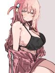  1girl absurdres alternate_breast_size_(larger) blue_eyes blush bocchi_the_rock! breasts cleavage cowboy_shot cube_hair_ornament from_side gotoh_hitori hair_ornament half-closed_eyes highres huge_breasts jacket long_hair looking_at_viewer no_shirt off_shoulder open_clothes open_jacket pink_hair pink_jacket side_ahoge solo sunya_(honorin-yuunibo) sweatdrop 