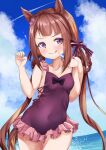  1girl :q animal_ears bangs bare_arms bare_shoulders black_bow blue_sky blush bow braid breasts brown_hair casual_one-piece_swimsuit closed_mouth cloud cloudy_sky collarbone commentary_request covered_navel day eyebrows_visible_through_hair flower frilled_swimsuit frills hair_flower hair_ornament hair_rings hands_up highres horizon horse_ears horse_girl horse_tail long_hair looking_at_viewer low_twintails ocean official_alternate_costume one-piece_swimsuit outdoors purple_eyes purple_flower purple_swimsuit setu_(shining12) sky small_breasts smile solo sweep_tosho_(umamusume) swimsuit tail tongue tongue_out twin_braids twintails umamusume v-shaped_eyebrows very_long_hair water 