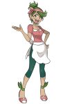  1girl :d aged_up apron bandana breasts capri_pants commentary dark-skinned_female dark_skin english_commentary full_body green_eyes green_hair hair_bun hand_on_own_hip highres krwawnik mallow_(pokemon) medium_breasts nintendo open_mouth pants pokemon pokemon_sun_and_moon shirt shoes short_hair short_sleeves simple_background single_hair_bun smile solo white_background 