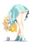  1girl ass automatic_giraffe bare_shoulders blonde_hair blush breasts crown dress earrings gloves hair_over_one_eye jewelry long_hair looking_at_viewer luma_(mario) mario_(series) red_eyes rosalina smile solo star_(symbol) star_earrings super_mario_galaxy underwear white_background 