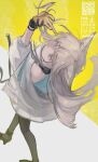  1girl animal_ears arknights arknights:_endfield artist_name bird_ears bird_girl black_pantyhose black_shoes blonde_hair blue_eyes commentary_request dress from_behind gloves hand_up hemorina highres jacket leaning_back long_hair looking_at_viewer pantyhose perlica_(arknights) qr_code shoes simple_background solo walking white_dress white_jacket yellow_background yellow_gloves 