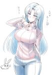  1girl blue_eyes blue_hair breasts bunny closed_mouth denim jeans large_breasts long_hair pants simple_background solo sweater touhou tukiwani turtleneck turtleneck_sweater white_background yagokoro_eirin 