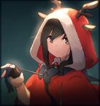  1girl animal_costume antlers black_gloves black_hair blue_bow blue_bowtie bow bowtie closed_mouth commentary_request fingerless_gloves fubuki_(kancolle) gloves green_eyes highres hood hood_up horns kantai_collection looking_at_viewer ma_rukan reindeer_antlers reindeer_costume short_hair signature smile solo upper_body 