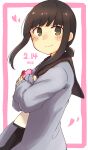  1girl black_sailor_collar black_skirt blush box brown_hair cardigan commentary_request dated fubuki_(kancolle) fubuki_kai_ni_(kancolle) gift gift_box green_eyes heart heart-shaped_box highres jewelry kantai_collection long_sleeves ma_rukan pleated_skirt ponytail purple_cardigan ring sailor_collar school_uniform serafuku short_hair short_ponytail skirt smile solo valentine wedding_ring 